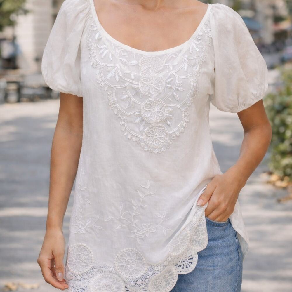 Status by Chenault 100% Cotton Embroidered Lace Tunic Blouse Boho Medium